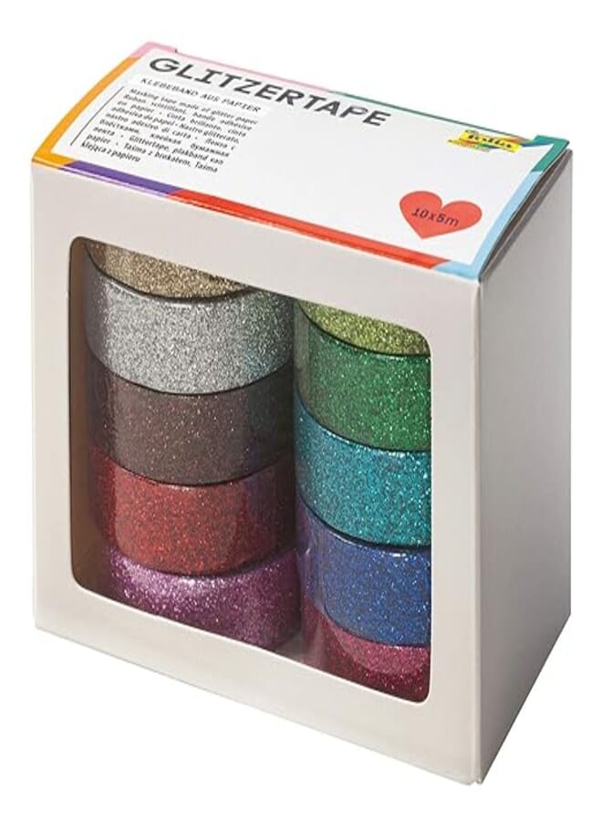 folia 28509 Glitter Tape 10 Rolls Assorted Colours, Rolle 5 m x 15 mm